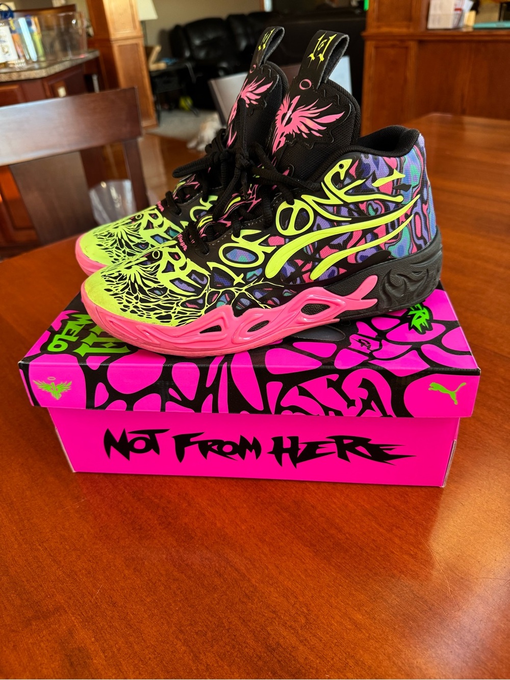 Puma Black Sneakers with Neon Green Flames and Pink Soles
